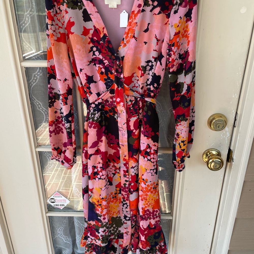 Maeve Anthropologie Sz 4 Floral Wrap Style Dress Pink Red Button Front Belted 🌺